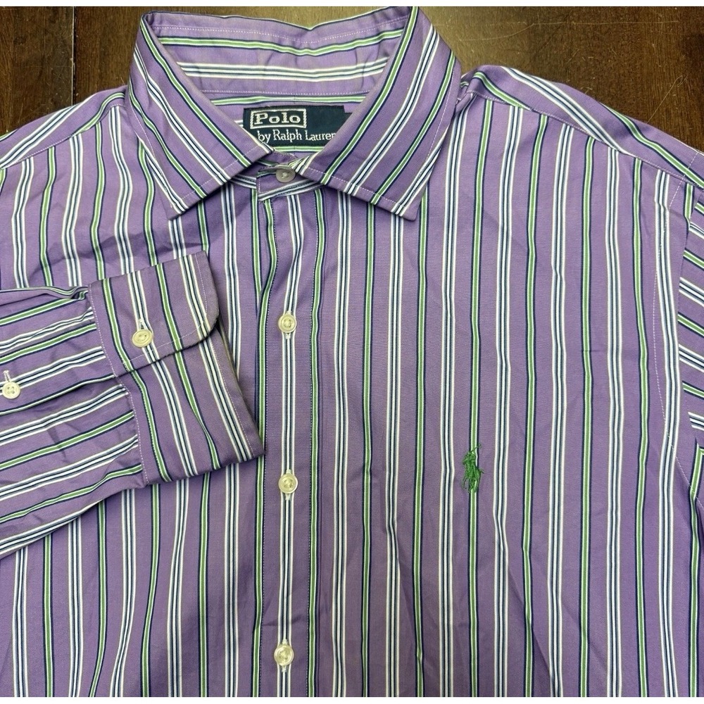Polo Ralph Lauren Button Down Mens L Purple Green Striped Long Sleeve Pony Logo